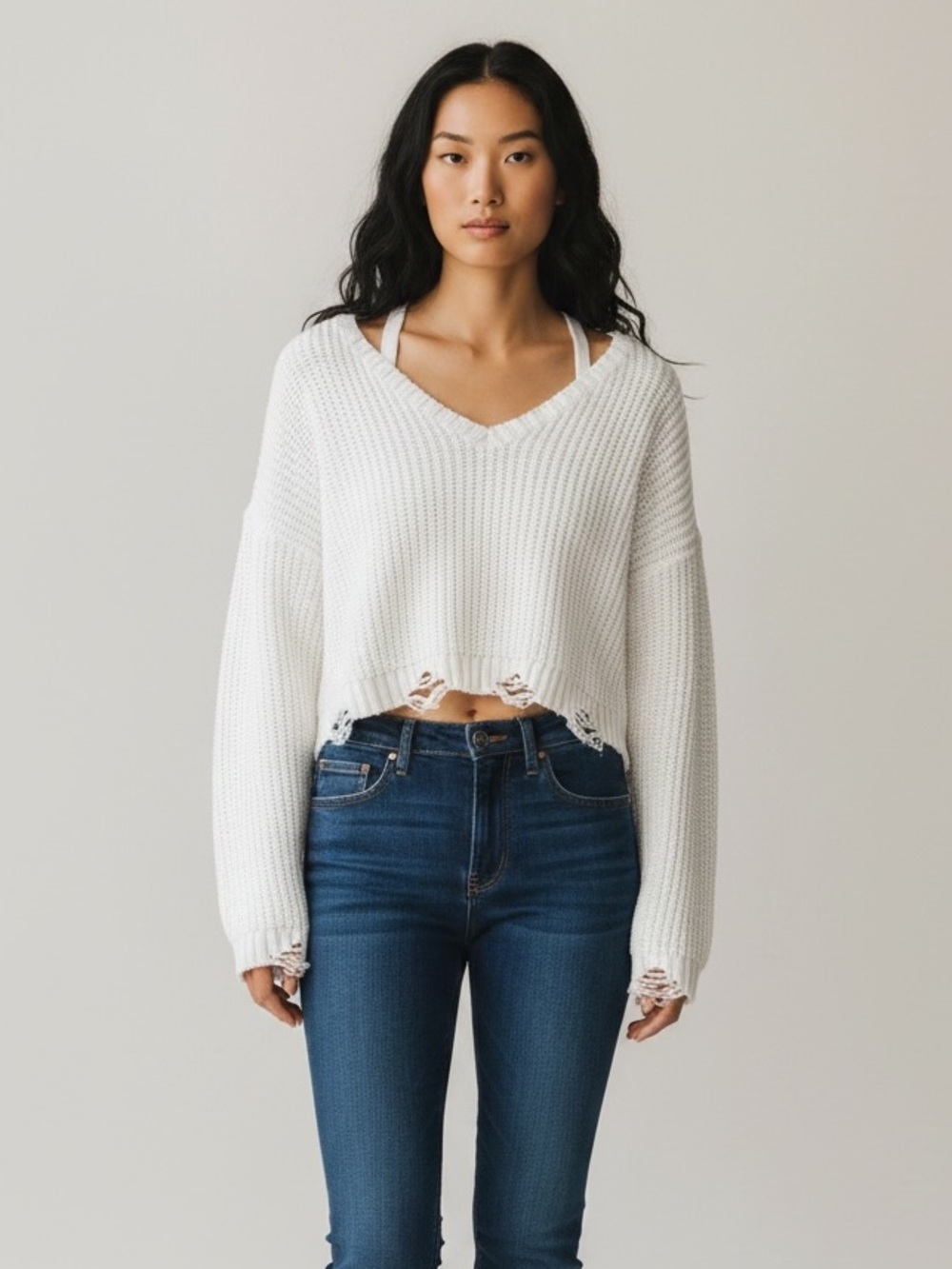 Derek Heart XL White Distressed Crop Sweater Long Sleeves V-Neck Crisscross Back